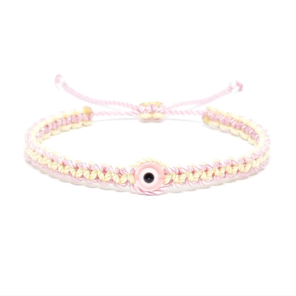 Baby pink and yellow braided bracelet, multicolor pastel evil eye wristband -new